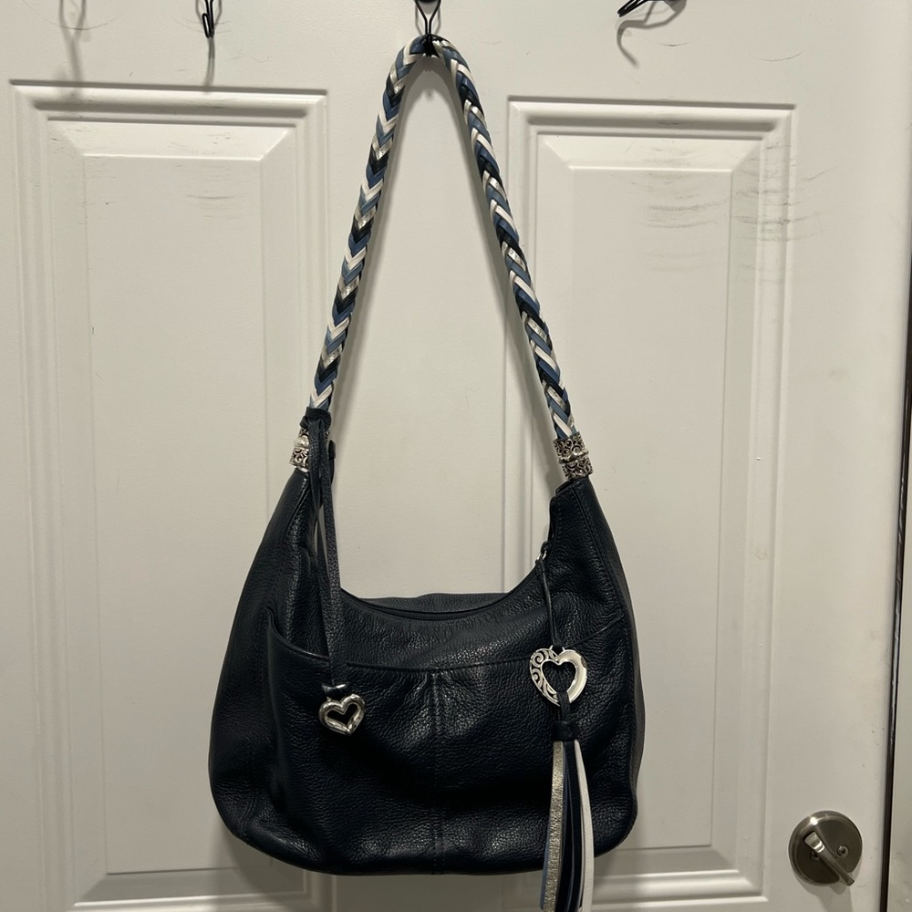 Brighton Navy Leather Shoulder Bag with Heart Charms